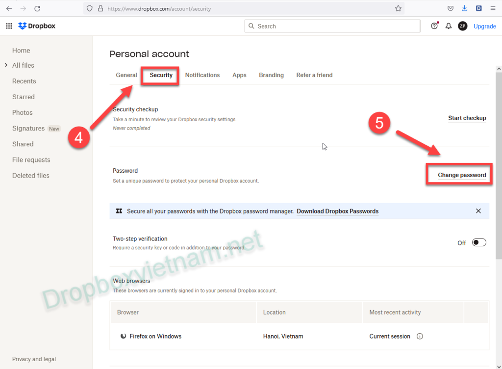 Hướng dẫn thay đổi hoặc đặt lại mật khẩu trên Dropbox
