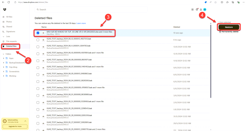 Hướng dẫn khôi phục tệp hoặc thư mục đã xóa trên Dropbox